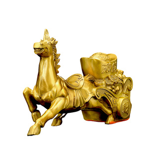 2纯黄铜马摆件马拉车黄金万两吉祥马金钱福袋客厅店铺礼品马上发