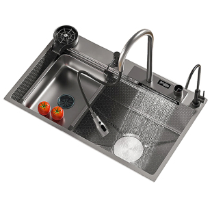 厨房洗菜盆大单槽蜂窝压纹飞雨瀑布水槽加厚304不锈钢家用洗碗池