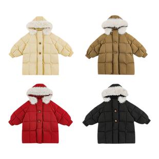 幼悠女童杜邦三防纯色棉服中长款冬季防风保暖毛绒连帽插肩袖外套