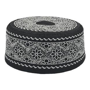 礼拜帽男士新款回民帽子平顶圆边表演帽黑底白花沙特回族帽回回帽