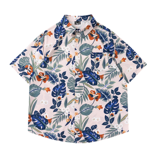 TRAVEL ISLAND 正值当下 粉色复古植物花卉满印夏威夷短袖衬衫