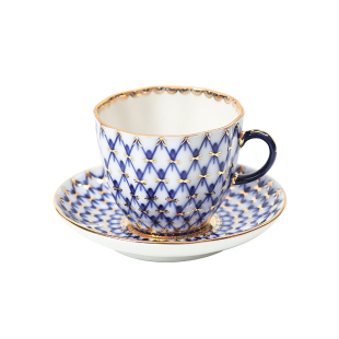 俄罗斯皇家瓷器Lomonosov钴蓝网纹系列咖啡杯茶壶手绘下午茶餐具