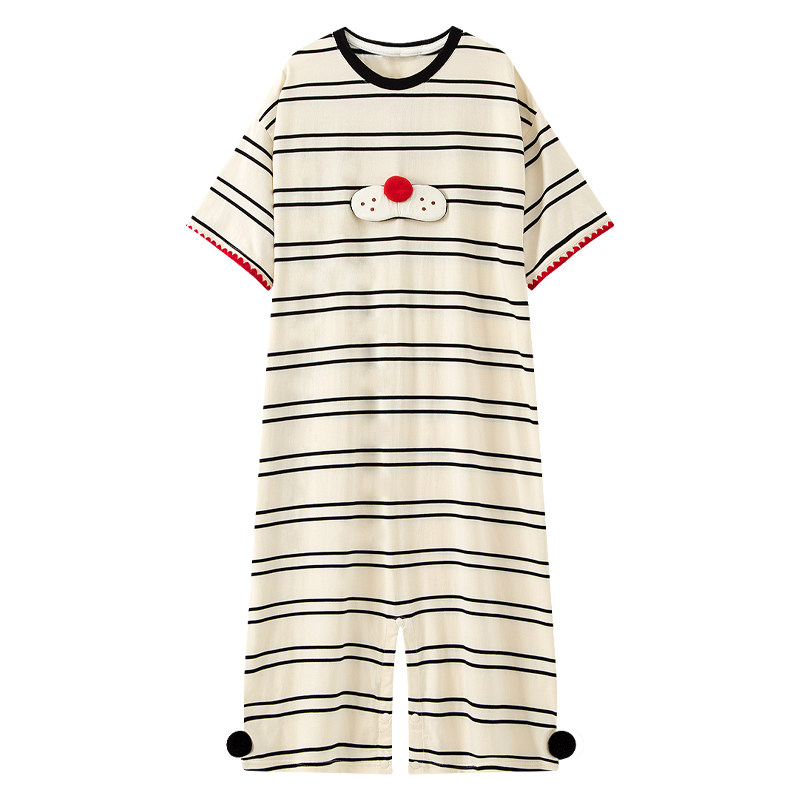 卡通酷猫连体睡衣女夏季2025年新款大码家居服短袖条纹睡裙可外穿