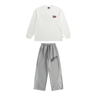 ROCKYROAD童装纯棉美式圆领潮牌内搭套头体恤卫衣工装灰色卫裤