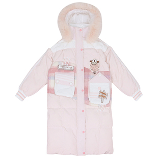 冬不对称口袋粉毛呢格子拼色真狐狸毛领连帽90白鸭绒中长款羽绒服