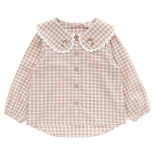 YOUGE幼歌 女童春季新品格纹翻领上衣复古森系中小童舒适长袖衬衫