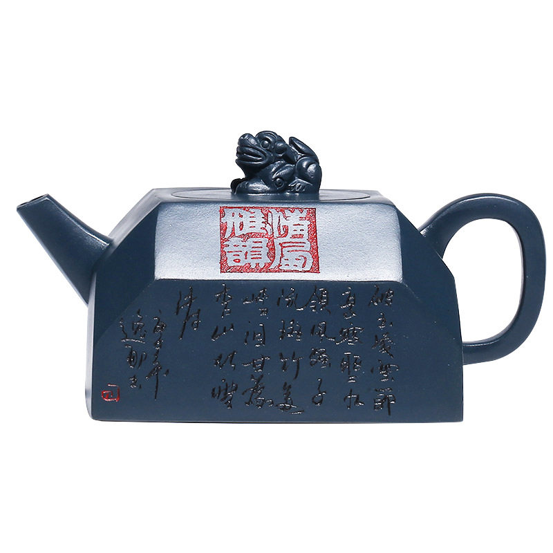 宜兴原矿天青泥四方刻绘紫砂茶壶