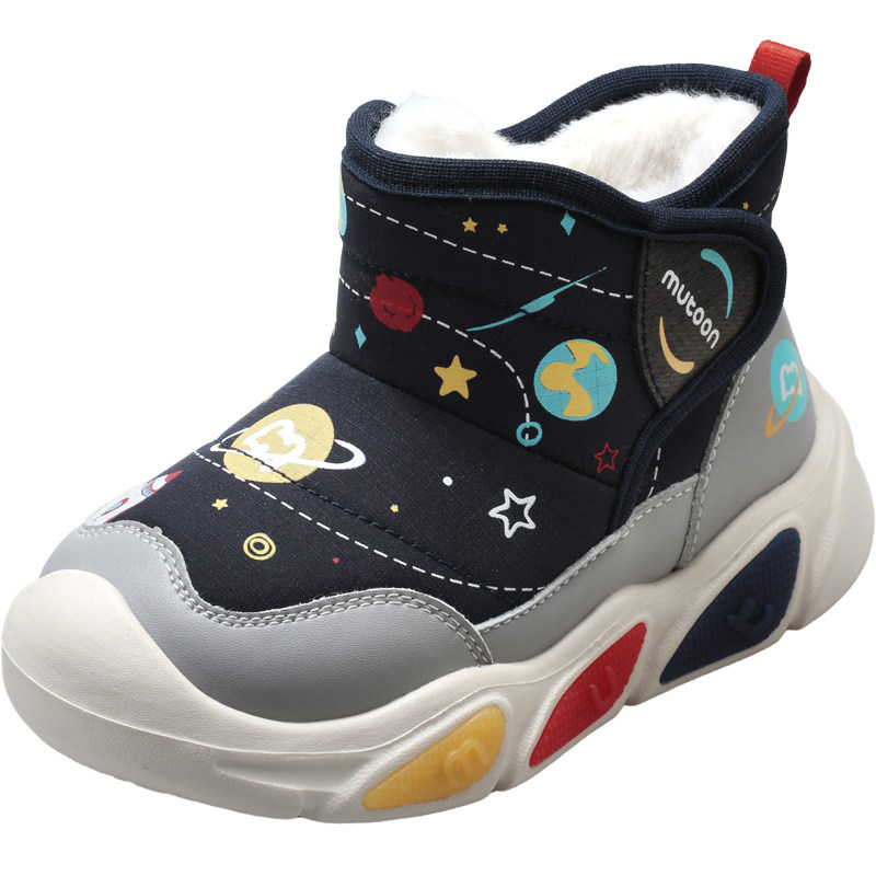 牧童儿童雪地靴2025冬季新款男童皮面宝宝闪灯鞋加绒加厚女童棉鞋