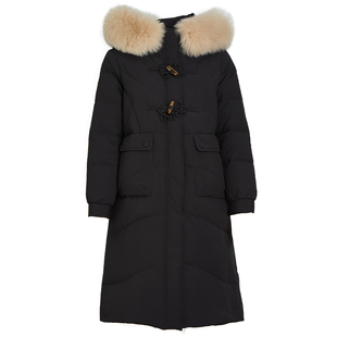 qs秸熙冬季新款复古轻国风盘扣羽绒服长款狐狸毛领连帽90鸭绒外套