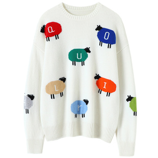 巨美高颜值重工提花！圆领加厚山羊绒衫女小羊提花纯羊绒毛衣宽松