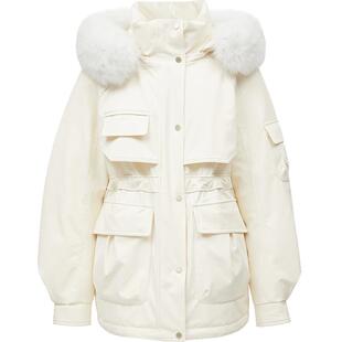 【鹅绒服】ONLY冬季时尚保暖连帽收腰工装白色狐狸毛领羽绒服女