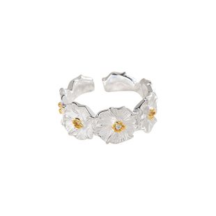 小雏菊戒指纯银开口可调节栀子花轻奢重工小众设计高级感肌理饰品