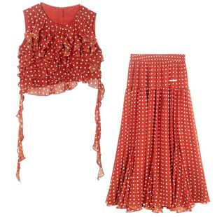 KEIKO法式褶花雪纺上衣女夏日穿搭套装波点无袖衬衫+半身裙两件套