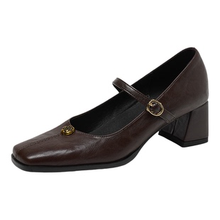 巨好看绝美单鞋女款配裙子大码女鞋41到43胖脚宽棕色粗跟高跟鞋42