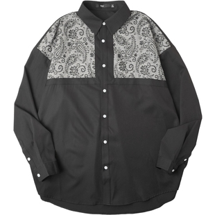 PINLI品立2025秋季新款佩雷斯提花拼接衬衣宽松长袖衬衫潮牌男士