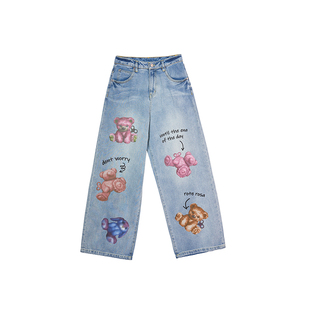 【周深同款】LALABOBO25年冬新款直筒裤女宽松美式印花阔腿牛仔裤