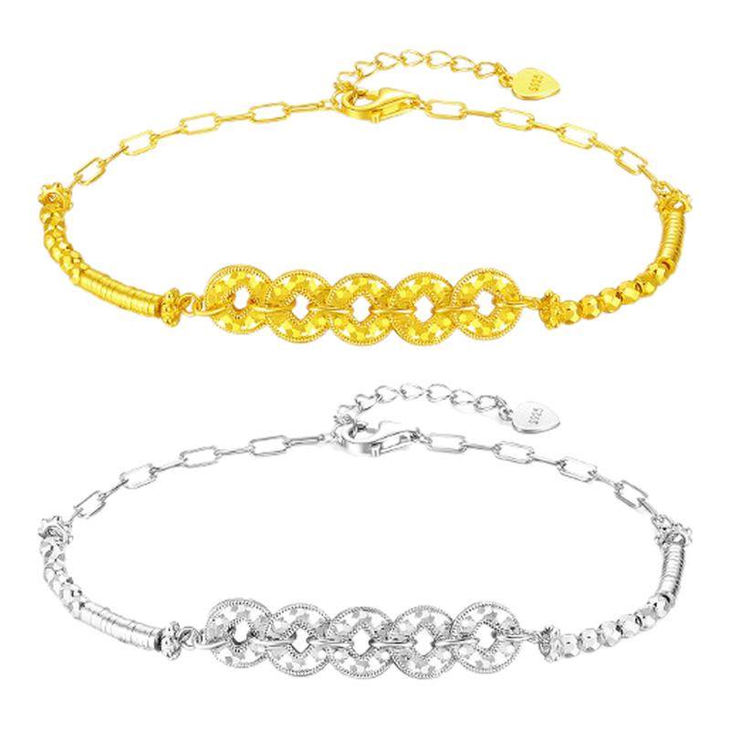 周大生碎冰冰五帝钱手链S925纯银女轻奢小众碎银子生日礼物送女友