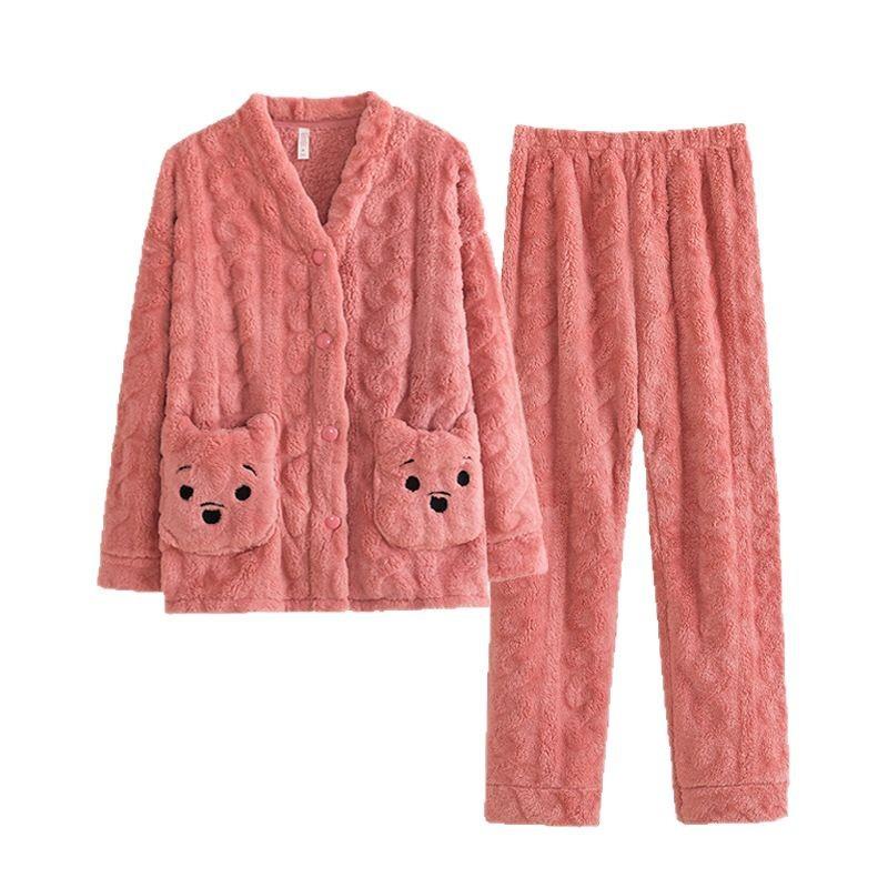 日本GP小熊睡衣女秋冬法兰绒季加绒加厚外穿珊瑚绒保暖家居服套装