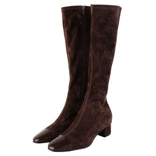 IORE设计师原创 冬季新款显瘦美拉德棕色弹力羊反绒粗跟及膝长靴