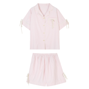 馨帮帮Homedress 韩版条纹翻领睡衣女夏季薄款短袖短裤家居服套装
