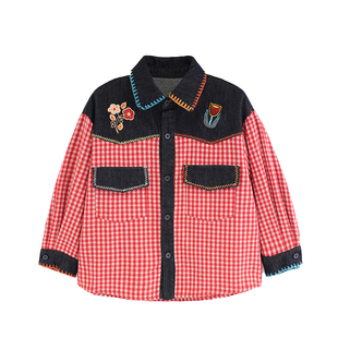 砚台家女童红色格纹牛仔衬衫2026春装新款女宝宝宽松百搭外套衬衣