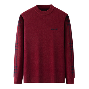 中年男士秋冬季保暖毛衣半高圆领爸爸装本命年红色针织衫中老年人