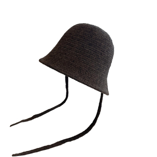 韩版针织水桶帽子女秋冬保暖显脸小盆帽后开叉系带护耳毛线渔夫帽