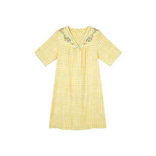 秋鹿梭织双层纱印格V领五分袖女士中长款睡裙夏季家居服睡衣纯棉
