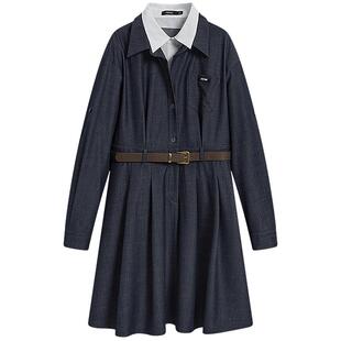 KBNE小个子收腰假两件仿牛仔连衣裙女2026春季新款气质长袖衬衫裙