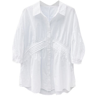 初影塔克褶白衬衫女七分袖2026春设计感小众别致上衣A字纯棉衬衣