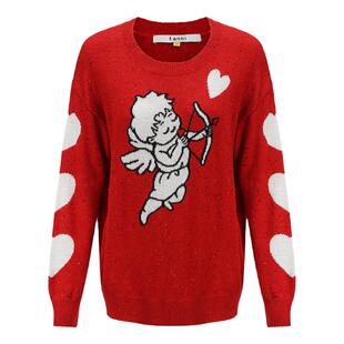 tanni时尚宽松保暖显瘦中长款丘比特印花套头针织衫TL31KN046A