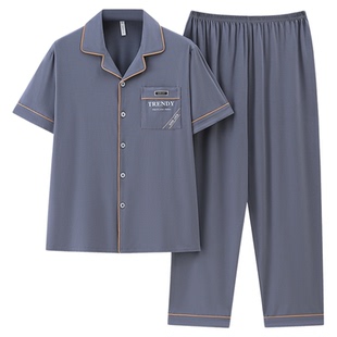 夏天中年男人短袖睡衣男士薄款纯棉加肥大码中老年爸爸家居服套装