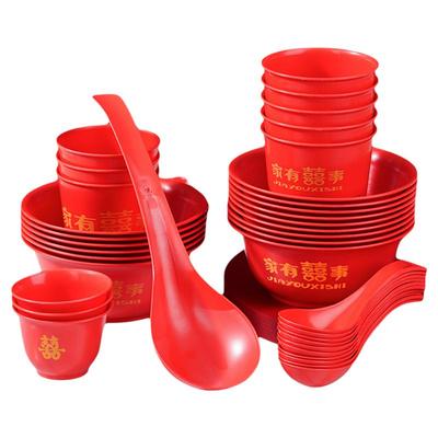 红色一次性稻壳餐具饭碗家用加厚