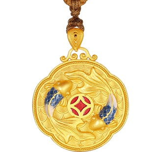 六福珠宝双鱼戏莲黄金色足银手工点羽花丝金葫芦生日礼物送女友