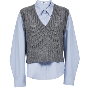 【两件套】ONLY2026春季新款针织马甲设计翻领正肩长袖衬衫上衣女