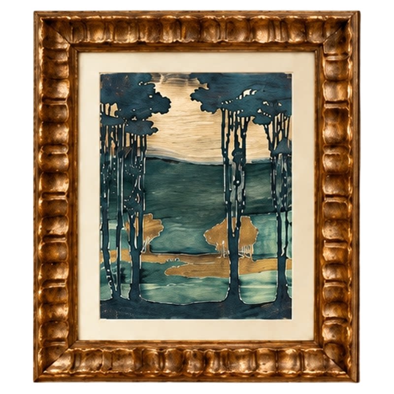 中古风风景手工装裱实木框装饰画
