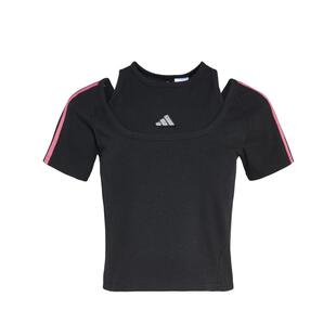 三条纹舞动系列假两件双领口短款休闲短袖T恤女adidas阿迪达斯