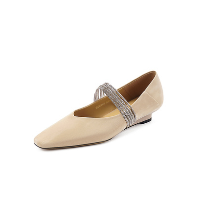 哈森法式水钻浅口单鞋2025春季新款低跟尖头牛皮革女鞋HWS250147