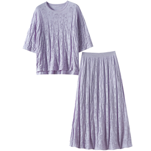 奢！花园伊梦~高定精纺100%纯山羊绒衫女中袖毛衣半身伞裙子套装