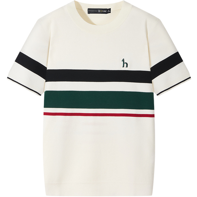 ZOUK撞色条纹毛衣男款2025新款男士针织衫短袖秋季上衣字母刺绣潮