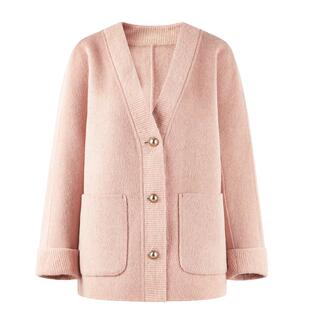 秋水伊人甜美可爱v领100%绵羊毛上衣2025年冬季新款拼接毛呢外套