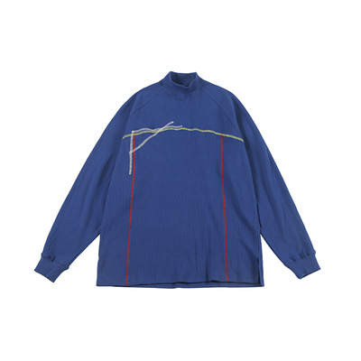 NOEARS秋冬复古半高领设计蓝色针织螺纹打底衫宽松套头长袖撞色T