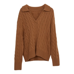 Lavinia25冬新款驼色绞花纹毛衣女通勤气质翻领麻花针织衫I57Z102