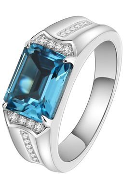 925纯银蓝托帕石男戒指时尚个性