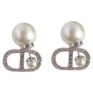 奥米迪奥满钻字母CD银色珍珠耳钉韦雪同款高级感小众新款潮女耳饰