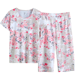 AB夏季女士全棉短袖中裤家居服套装纯棉印花女中老年宽松大码睡衣