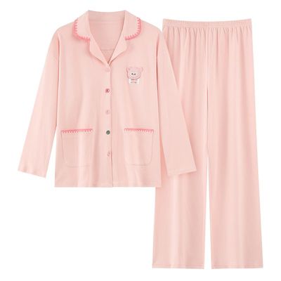 纯棉女秋长袖开衫翻领睡衣套装