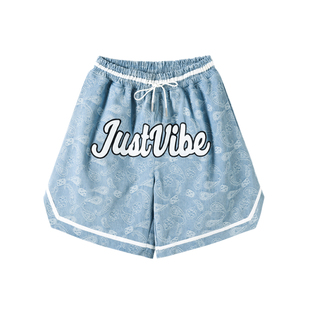 JUSTVIBE 春夏宽松满印刺绣腰果花休闲宽松牛仔五分短裤男女同款