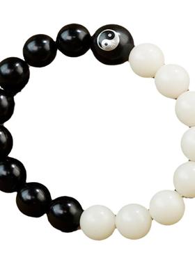 道家天然白菩提檀木镶银手串男女黑白阴阳太极平安转运珠手链饰品