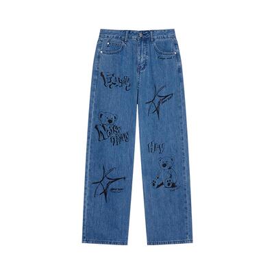 时尚可爱图案女士牛仔长裤宽松